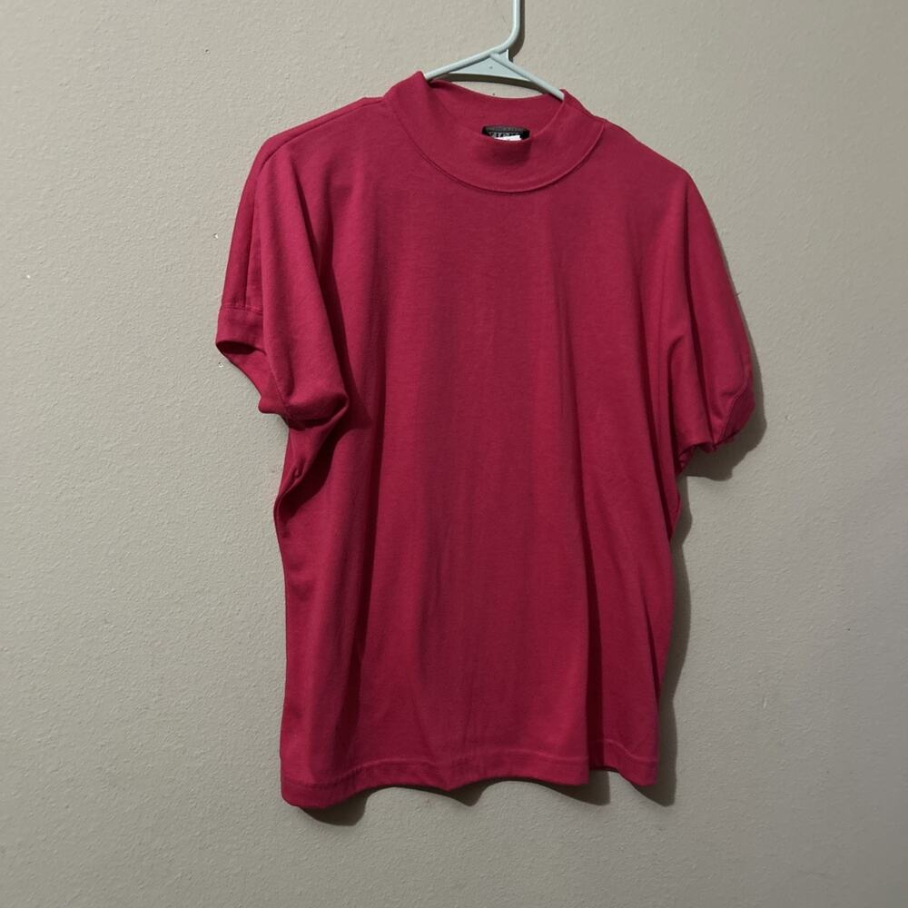 Kicks Pink Mock Neck Ribbed Collar Short Sleeve Cotton T-Shirt Top 80s vintage